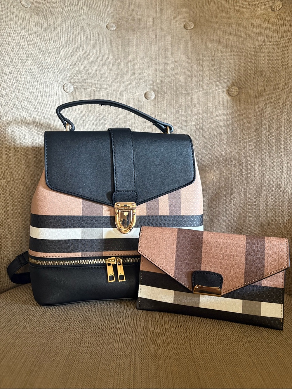 Striped Panel Handbag Backpack and Wallet Set - Black and Tan